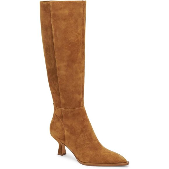 ⚡Women's Brown Knee High Boots Kitten Low Heel Pointed Toe Leather Side Zipper